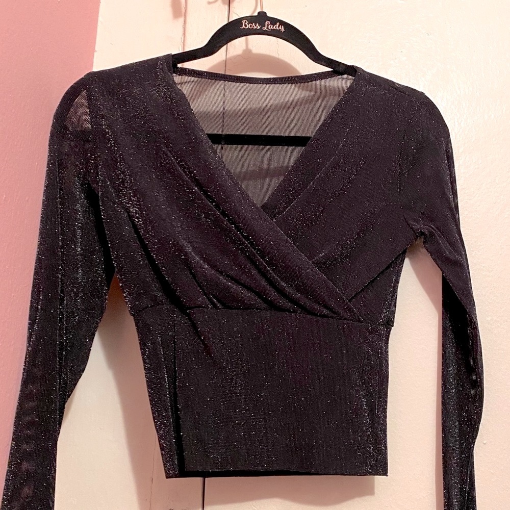 Black Sheer Metallic Long Sleeve Semi-Crop Top